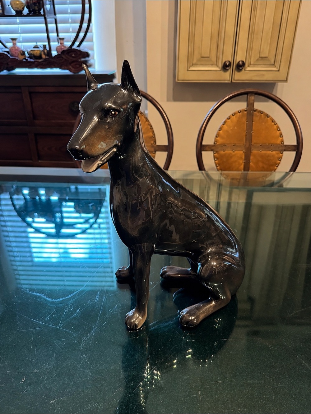 Vintage Mid-Century Black Glazed Ceramic Doberman Pinscher Statue – 11” Tall